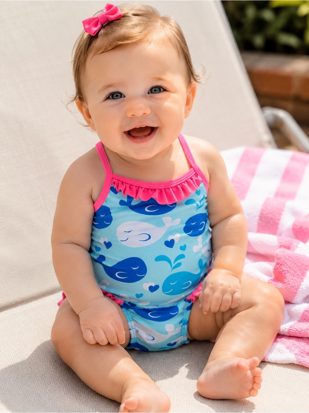 Toddler Blue Whale One-Piece Swimsuit with Pink Trim